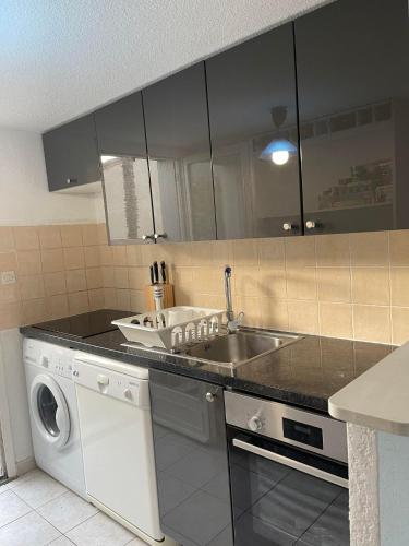 une cuisine avec un évier et une machine à laver dans l'établissement Pavillon à 400m de la plage avec piscine, à Valras-Plage