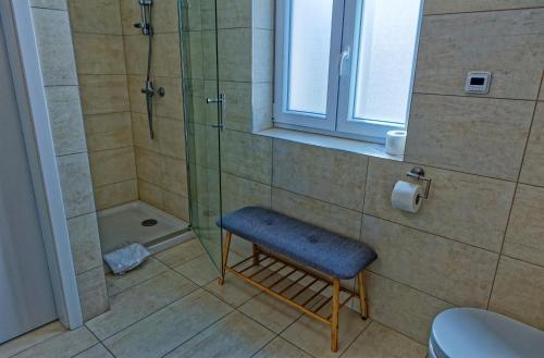 a shower with a blue stool in a bathroom at Lipno - Lakeside Village - Větrník in Frymburk