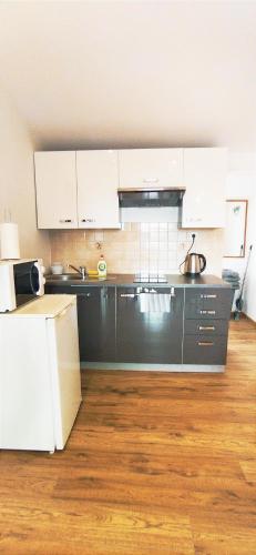 a large kitchen with white cabinets and a wooden floor at Sunny day Rovinj in Rovinj