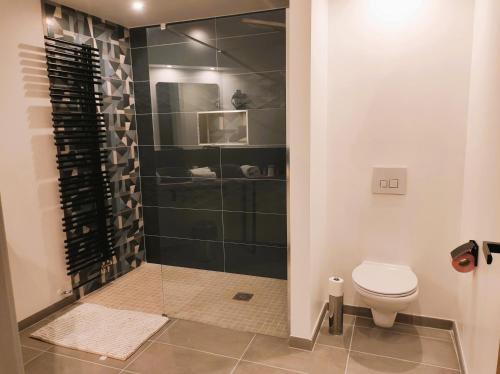 uma casa de banho com um WC e uma cabina de duche em vidro. em Modern'Hotel em Valenciennes