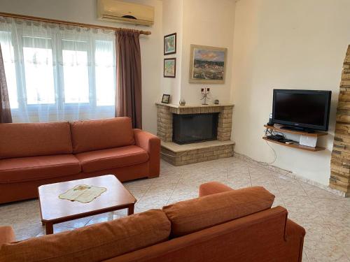 a living room with a couch and a fireplace at VILLA THEO in Marathias