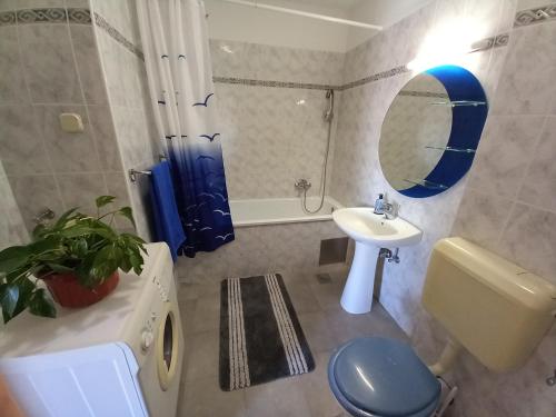W łazience znajduje się toaleta, umywalka i lustro. w obiekcie Iva apartman w Puli