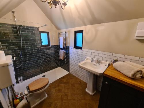 a bathroom with a sink and a toilet and a shower at Gatwick hideout in Charlwood