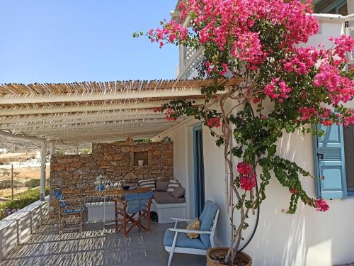 a patio with a table and a tree with pink flowers at Kykladonisia Amorgos in Amorgos