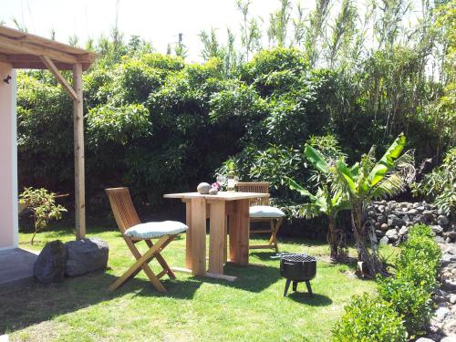 a garden with a table and two chairs and a grill at Faial Cottage B&B in Cedros