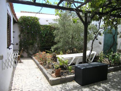 un jardín con un banco blanco y algunas plantas en La Casita de Andres 1 en Agüimes