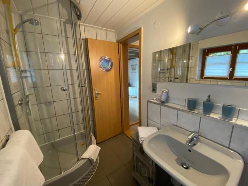ein Bad mit einem Waschbecken und einer Glasdusche in der Unterkunft Kleines Haus Silberdistel in Todtmoos