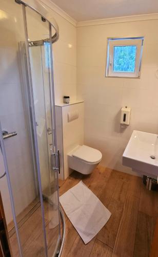 a bathroom with a shower and a toilet and a sink at Visovac Rooms in Skradin