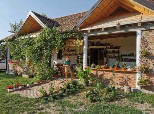 a woman sitting on the porch of a house at Amanet House Zasavica in Zasavica Druga