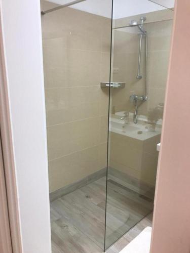 a glass shower in a bathroom with a sink at Casa di Giorgio in Jelsa