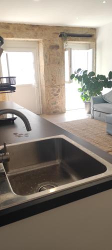 a stainless steel sink in a kitchen with a couch at A Lobeira in Corcubión