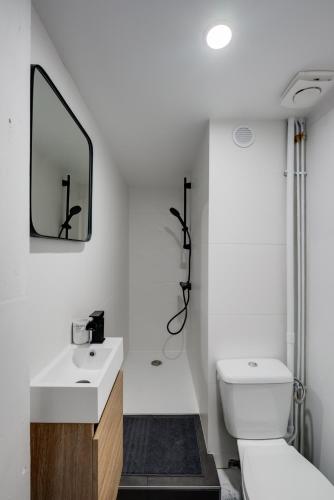 une salle de bain avec toilettes, lavabo et miroir dans l'établissement L'Oceà - Proche métro & stadium - Le Busca, à Toulouse