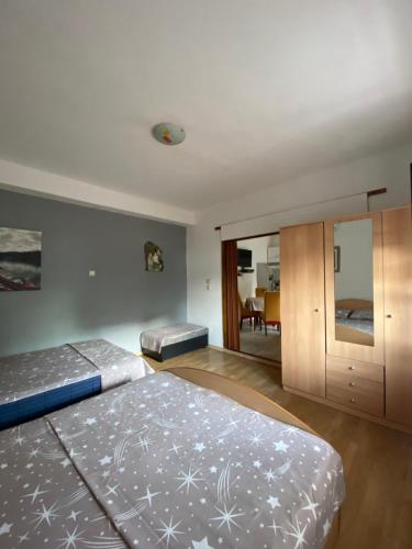 a bedroom with two beds and a mirror at Apartments Vido in Kotor