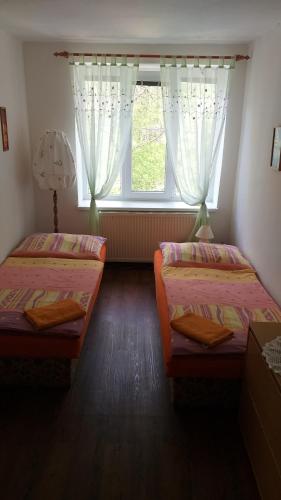 two beds in a room with a window at Penzion u Pilaře in Majdalena