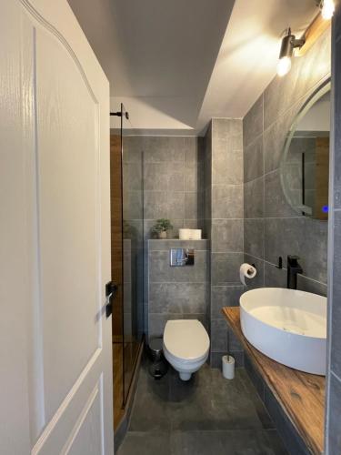La salle de bains est pourvue de toilettes blanches et d'un lavabo. dans l'établissement Cozy Studio 1 Bedroom nearby Value Center Mall, à Zalău