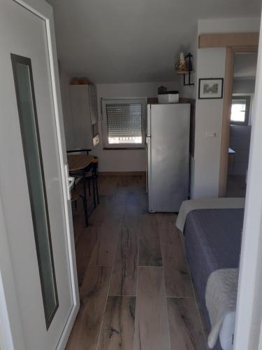 a room with a kitchen with a refrigerator and a table at Pavel, studio apartman in Privlaka