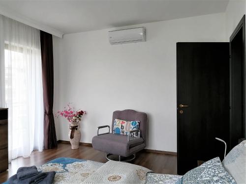 sala de estar con silla y sofá en Aparthotel Laura, en Cluj-Napoca