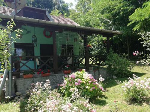 a bird house in a garden with flowers at Vila Marina na obali Dunava in Neštin