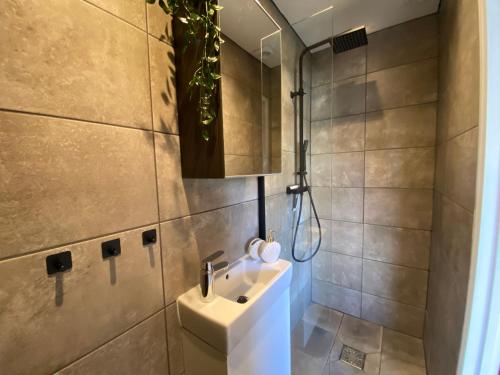 a bathroom with a sink and a mirror at Bed en Koffie Casa Mañana de Koog in De Koog