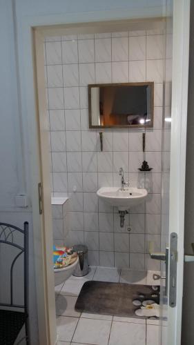 een badkamer met een wastafel en een toilet bij FeWo am Schlosspark Putbus in Putbus