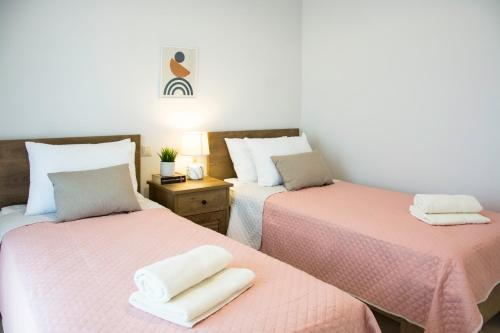 two beds sitting next to each other in a room at Aurelia Seaside Apartment in Kavos