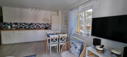 ein Wohnzimmer mit einem Sofa und eine Küche mit einem TV in der Unterkunft Apartament Azzurro in Międzywodzie