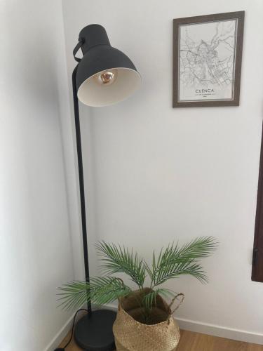 a black floor lamp with a plant in a room at La Casita del Río - Riverside Home in Cuenca