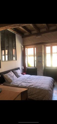 une chambre avec un grand lit et deux fenêtres dans l'établissement Le Clos de Melanie, à Flavigny-sur-Ozerain