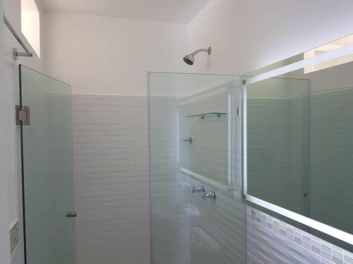 a bathroom with a shower and a glass showerintendent at Ecusuites Jacuzzi en Playas Vista Mar in Playas