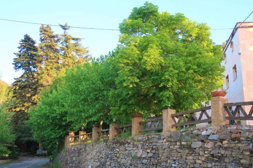 a stone wall with trees on top of it at Masia Sagués in Poblet