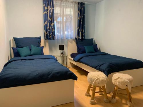 een slaapkamer met 2 bedden met blauwe lakens en een raam bij Winzerhof Männle in Oberkirch