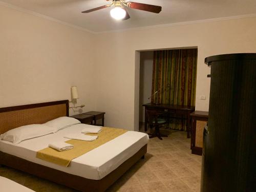 地拉那的住宿－HOTEL ARANDI AG，一间卧室配有一张带吊扇和钢琴的床。
