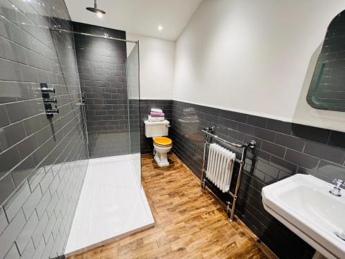 a bathroom with a shower and a toilet and a sink at Lavender Retreat in Wrexham