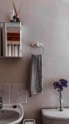 a bathroom with a towel hanging on the wall at Villa Paulina Cottage in Langebaan