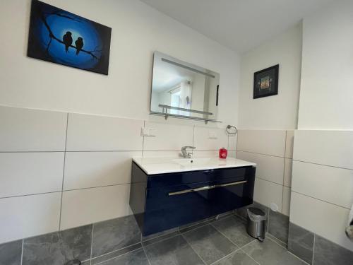 a bathroom with a sink and a mirror at Maharaja Ferienhaus in Hemfurth-Edersee