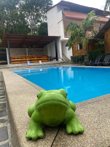 a green frog statue sitting next to a swimming pool at La Posada de Mindo in Mindo