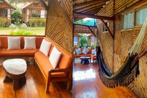two pictures of a porch with a couch and a hammock at La Posada de Mindo in Mindo