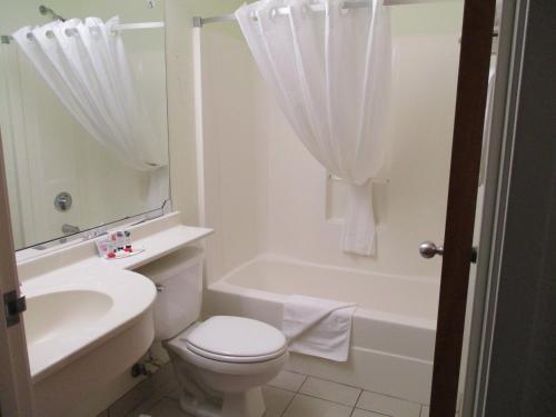 a white bathroom with a toilet and a sink at Microtel Inn and Suites - Inver Grove Heights in Inver Grove Heights