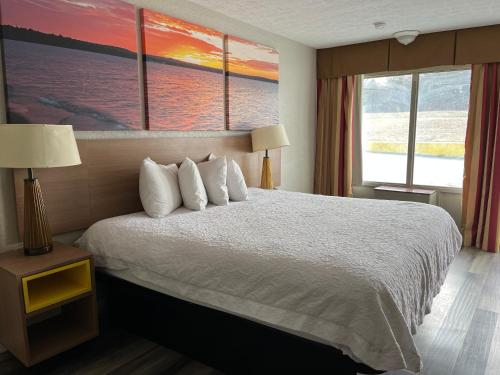 a hotel room with a bed and two windows at Days Inn & Suites by Wyndham Dayton North in Dayton