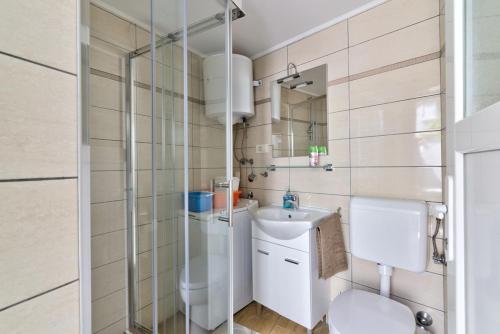a bathroom with a shower and a toilet and a sink at Casa Lanamaria in Novi Vinodolski