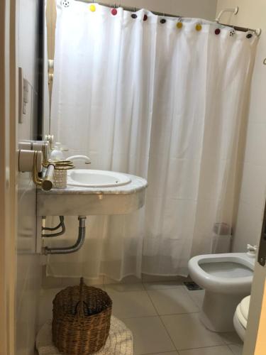a bathroom with a sink and a toilet and a shower curtain at Casa de Piedra- céntrica in La Rioja