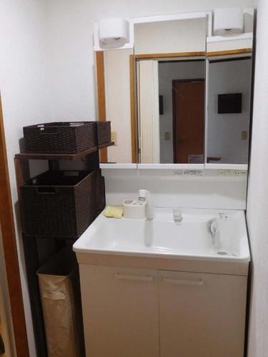 a bathroom with a sink and a mirror at ゲストハウス尾道ポポー Guesthouse Onomichi Pawpaw in Onomichi