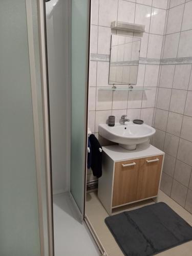 une salle de bain avec un lavabo et une douche dans l'établissement La p'tite Etape, à Joinville