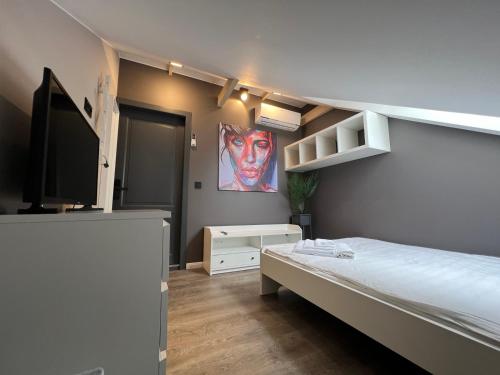 a bedroom with a bed and a television and a painting at Comfort Hostel Klaipeda in Klaipėda