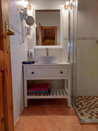 ボニャルツバシュにあるBlasius Apartmanのバスルーム(白いシンク、シャワー付)