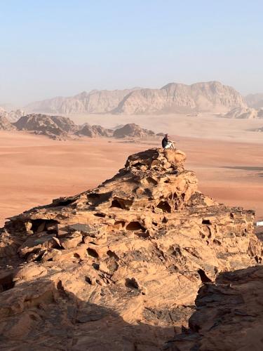 a person sitting on a rock in the desert at Wadi Rum Travel camp in Wadi Rum