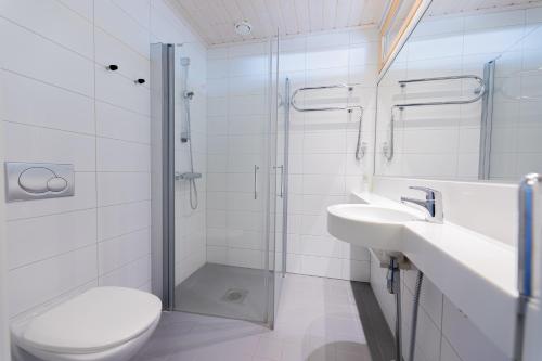 a bathroom with a shower and a toilet and a sink at Kisakallion Urheiluopisto, Lohja in Lohja