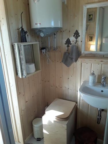 Ett badrum på Schäferwagen auf'm Minibauernhof in Munster