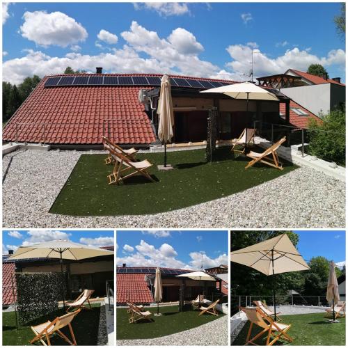a collage of photos with a house and a table and umbrella at Apartments Maleric with Indoor Pool and Wellness in Dragatuš