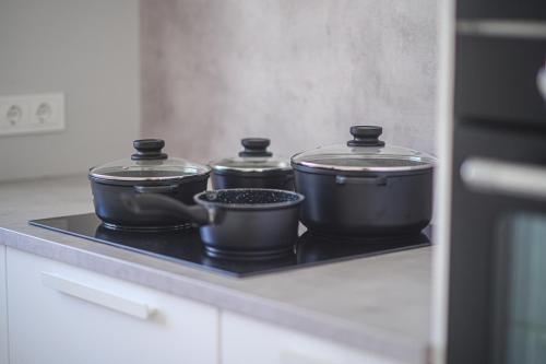 three pots and pans sitting on a stove in a kitchen at Kintų Perlas Villa 4 in Kintai